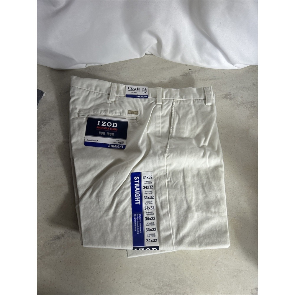 Izod American Chino Non Iron  34x32 Straight Flat Front White Pants